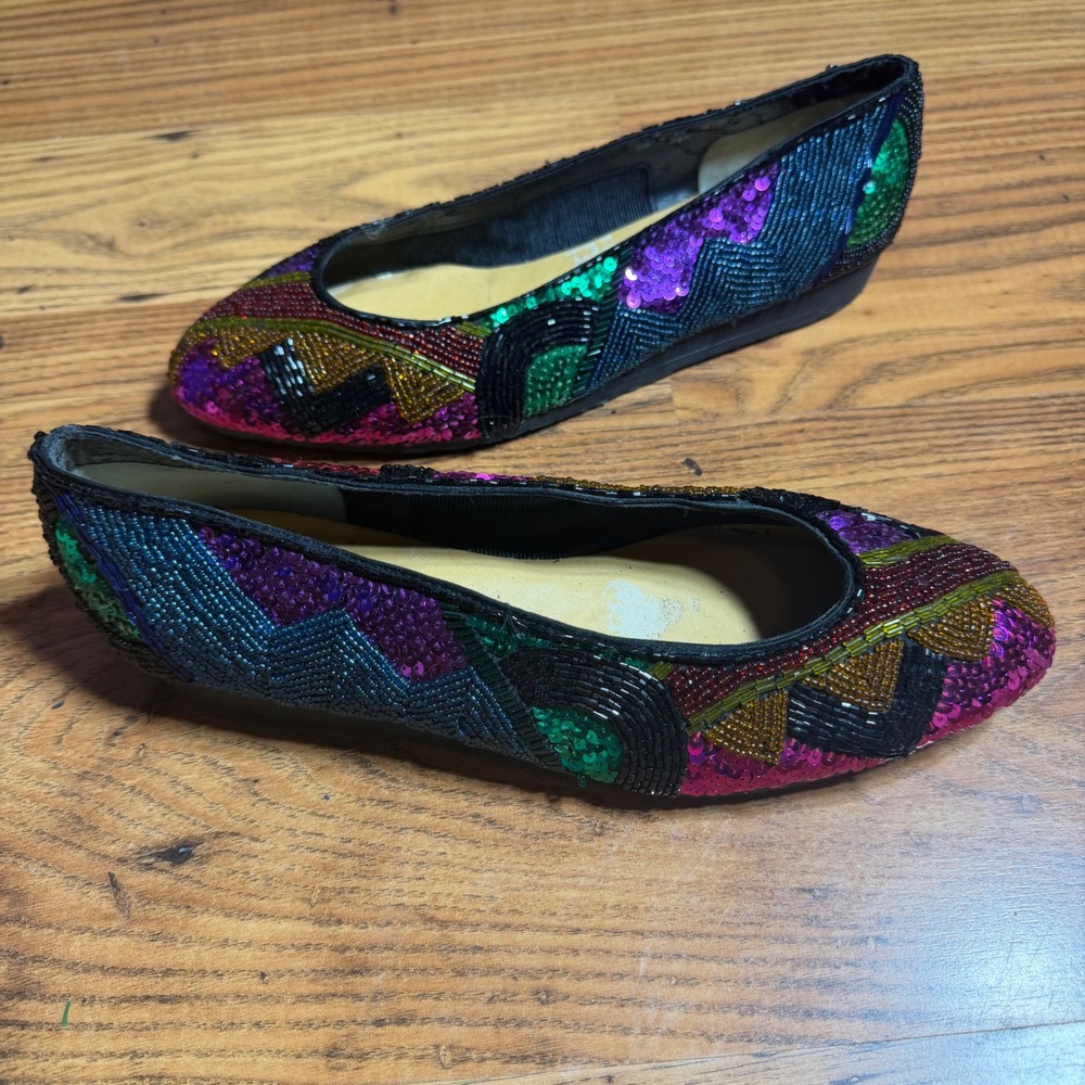 Frankie and Baby Beverly Feldman Beaded Sequin Multicolor Flats Size 8.5 B